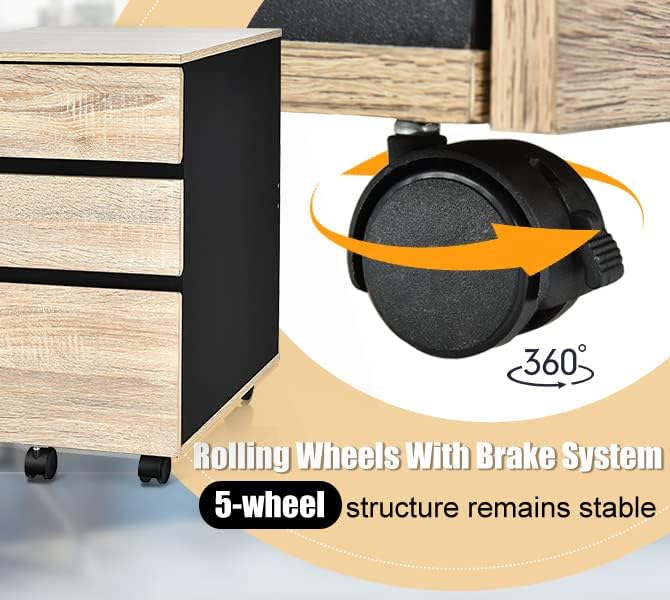 GIANTEX Rollcontainer auf Rollen, Aktenschrank 3 Schubladen, Büroschrank Dokumente Schrank rollbar m