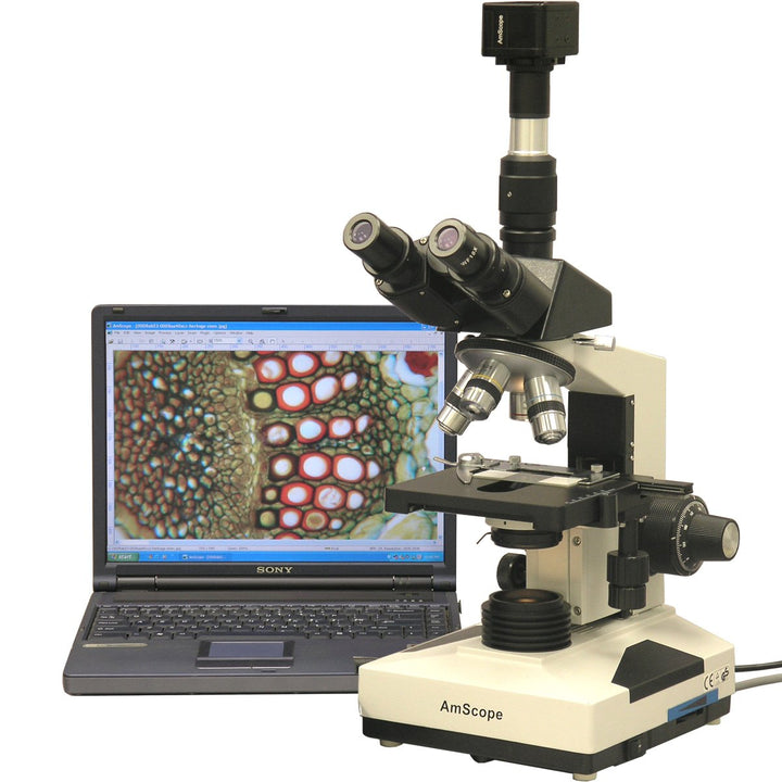 AmScope T490B-5M Trinokulares Biologisches Verbundmikroskop mit 5MP USB-Digitalkamera, 40X-2000X, 12