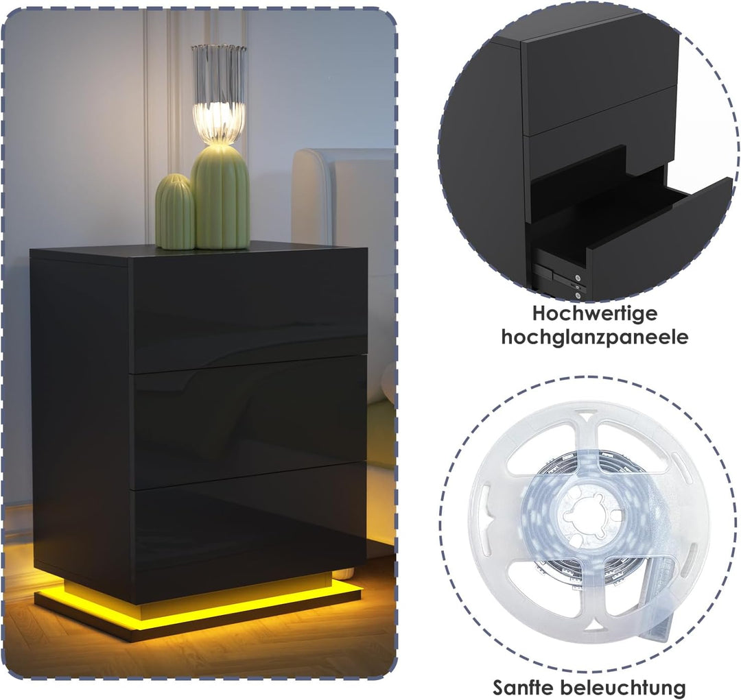 Lvhecforhm 2er Set Nachttisch Schwarz, Nachttische Hochglanz Front, Nachttisch Schwarz mit 3 Schubla