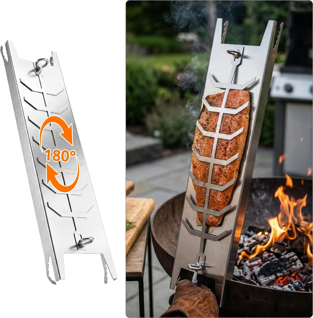 QWORK® Flammlachsbrett 304 Edelstahl, 52 * 11.5 * 3cm Flammlachshalter, für Feuerschale, Kugelgrill