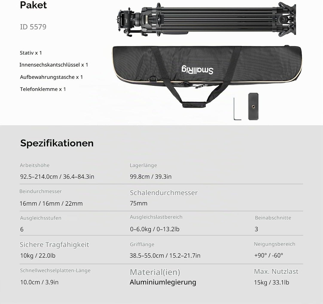 SMALLRIG 214cm FreeSpeed Aluminiumlegierung Video-Stativ, Schwerlast-Kamera-Stativ mit 6-Stufen-Gege