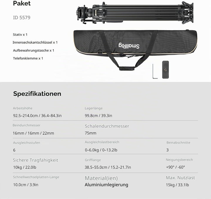 SMALLRIG 214cm FreeSpeed Aluminiumlegierung Video-Stativ, Schwerlast-Kamera-Stativ mit 6-Stufen-Gege