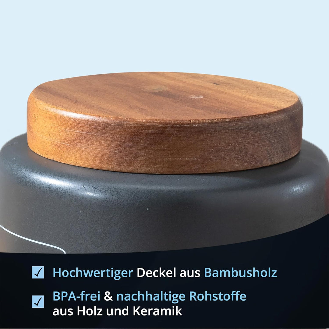 KHG Zwiebel Aufbewahrung Keramik Steingut poliert Anthrazit Grau Holz-Deckel Bambus, 3,2 Liter oder