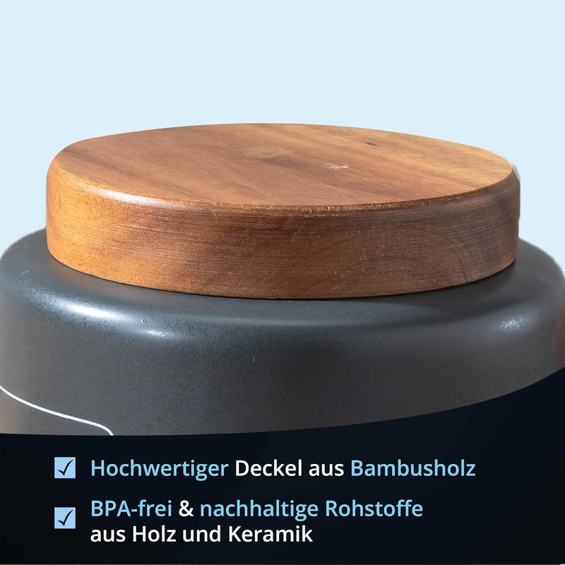 KHG Mehldose aus Keramik Steingut poliert in Anthrazit Grau mit Holz-Deckel für 500 ml Mehl, Vorrats