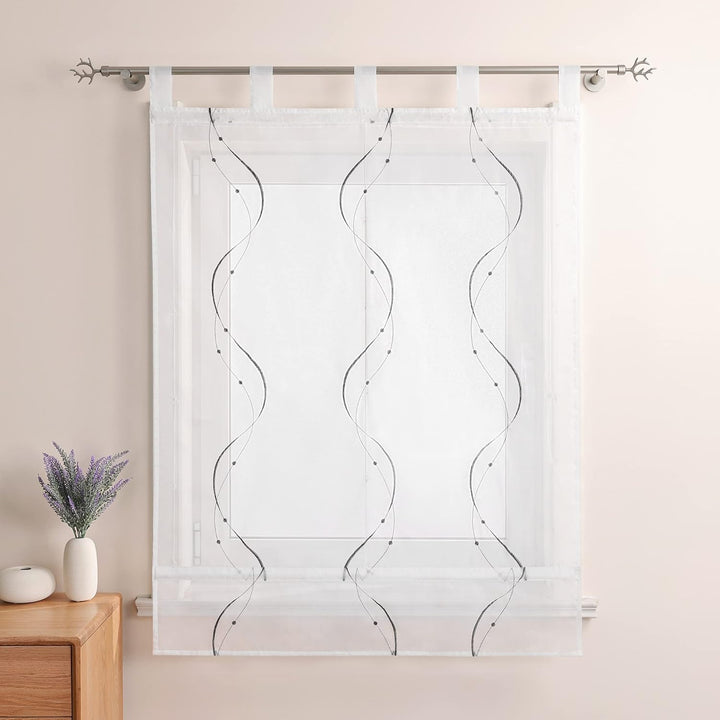 Heichkell Raffrollo mit Schlaufen Voile Tranparent Vorhang Bestickt Modern Raffgardine für Küche Woh