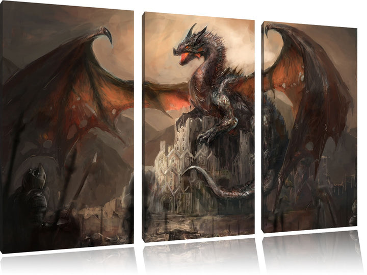 Pixxprint Drache schützend über Burg als Leinwandbild - Grösse: 3-Teilig (120x80cm) - Wandbild - Kun