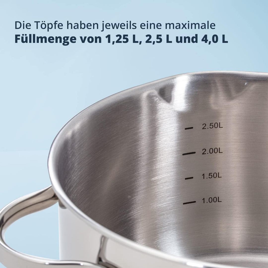 KHG Topfset 3 teilig Induktionstöpfe Edelstahl Rostfrei - 16 cm 20 cm 24 cm mit Ausguss Innenskalier