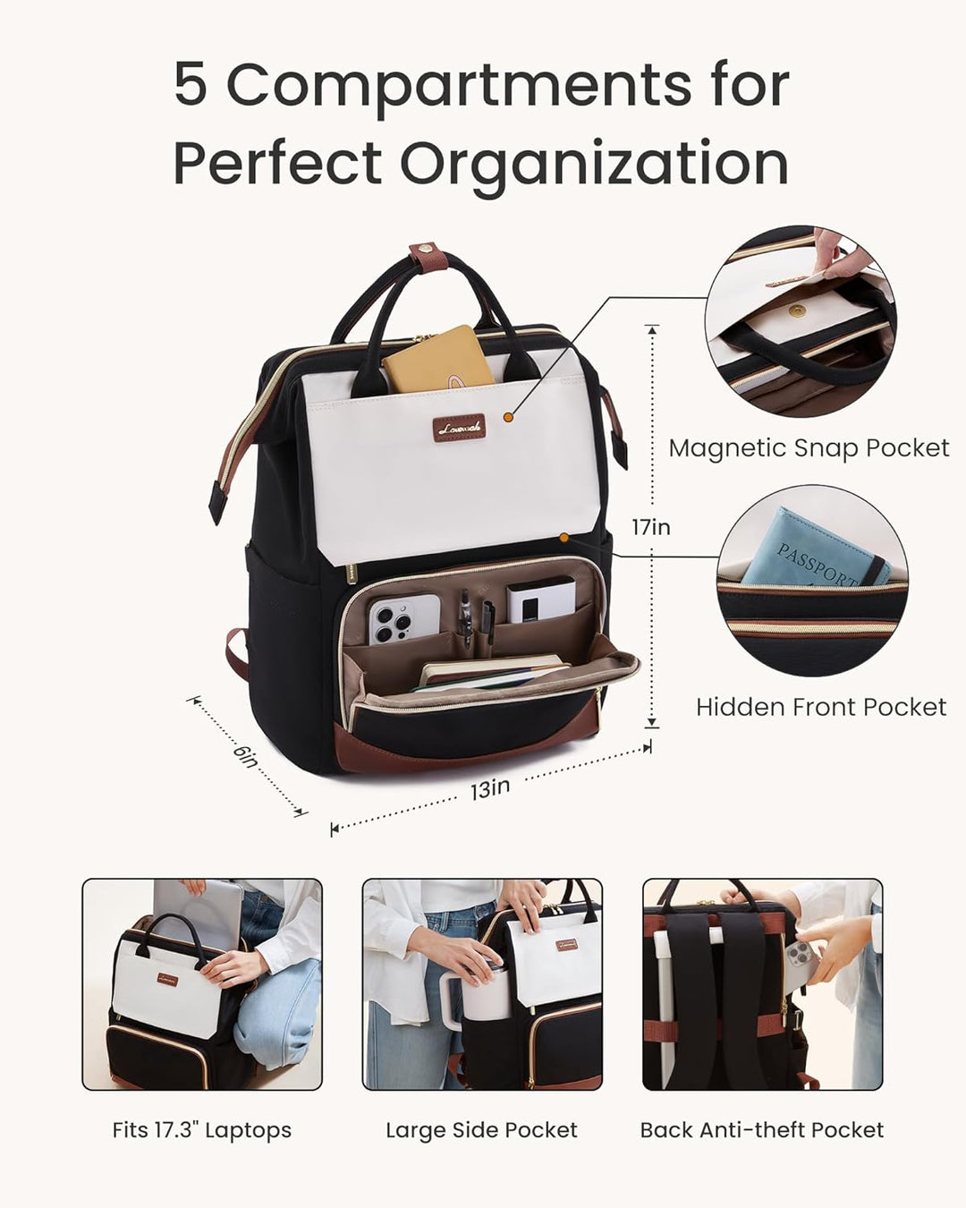 LOVEVOOK Rucksack Damen Gross, 17,3 Zoll Laptop Schulrucksack Wasserdicht Travel Backpack Women Eleg