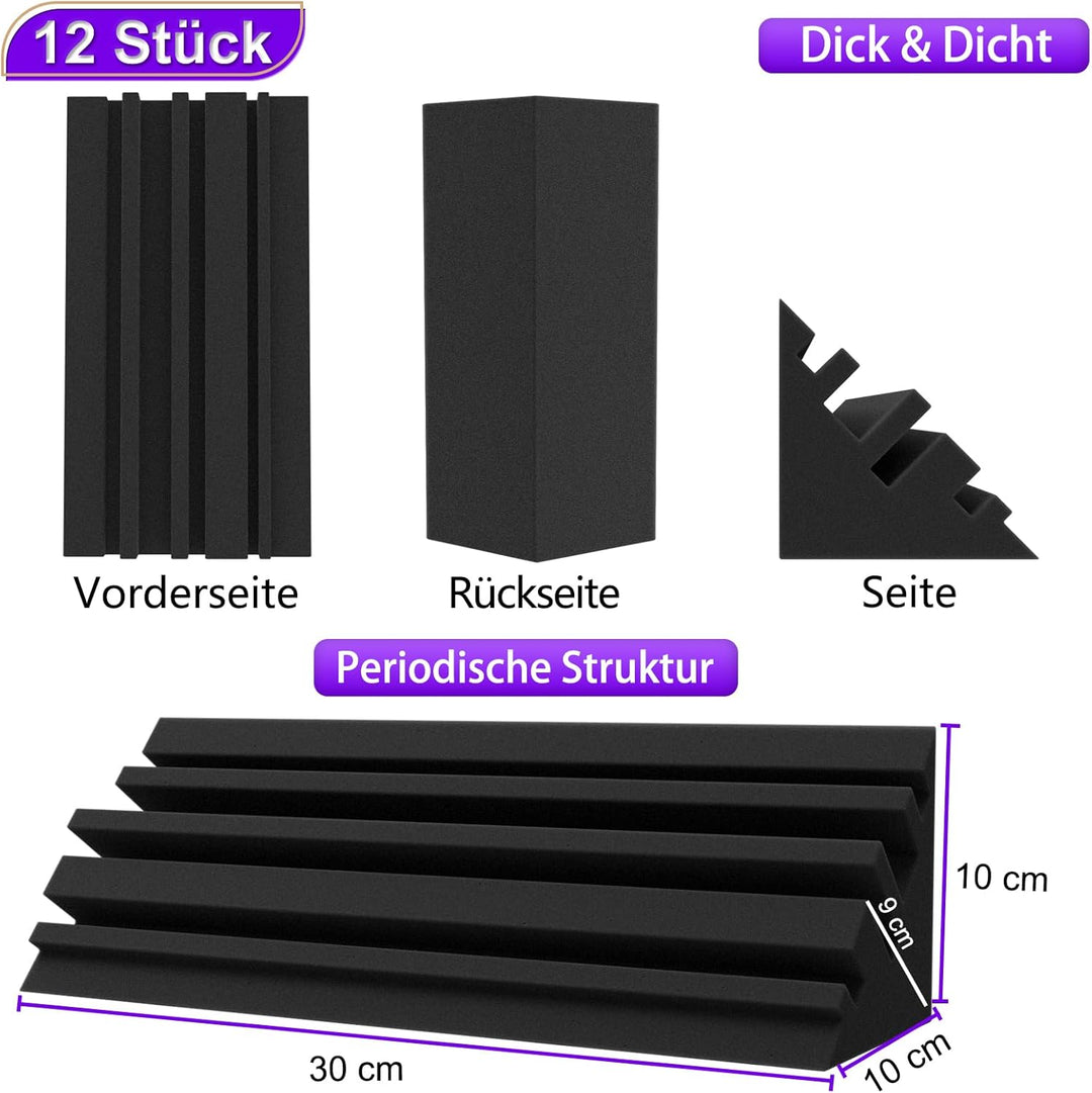 BXI Bass Traps - 12 Stück 10 X 10 X 30 cm Dichter Studio Bass-Schaumstoff Eckabsorber, Akustische Be