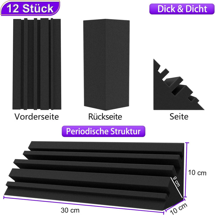 BXI Bass Traps - 12 Stück 10 X 10 X 30 cm Dichter Studio Bass-Schaumstoff Eckabsorber, Akustische Be