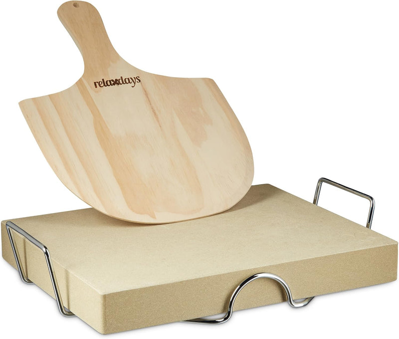 Relaxdays Pizzastein Set 5 cm Stärke mit Metallhalter und Pizzaschieber aus Holz HWD: 5x38x30cm rech