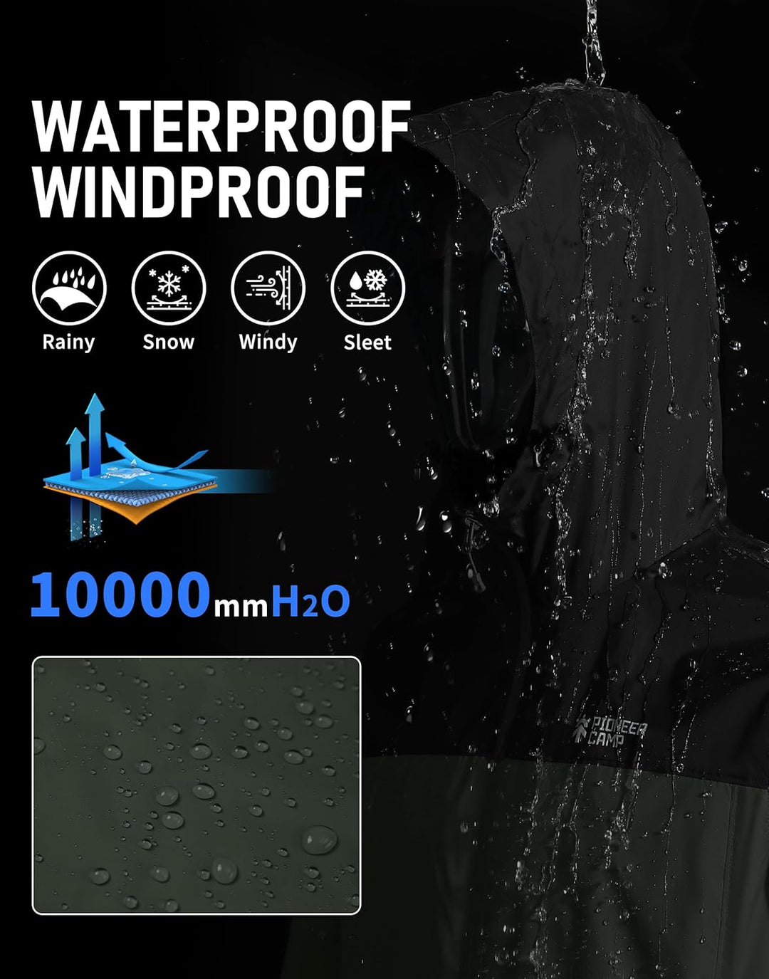 Pioneer Camp Herren Regenjacke Wasserdicht Atmungsaktiv Leichte Winddicht Windbreaker Packbare Outdo