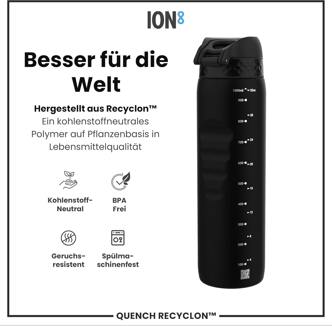 ION8 1 Liter Trinkflasche, 1000ml, Auslaufsicher, Einhandöffnung, Sichere Verriegelung, Spülmaschine
