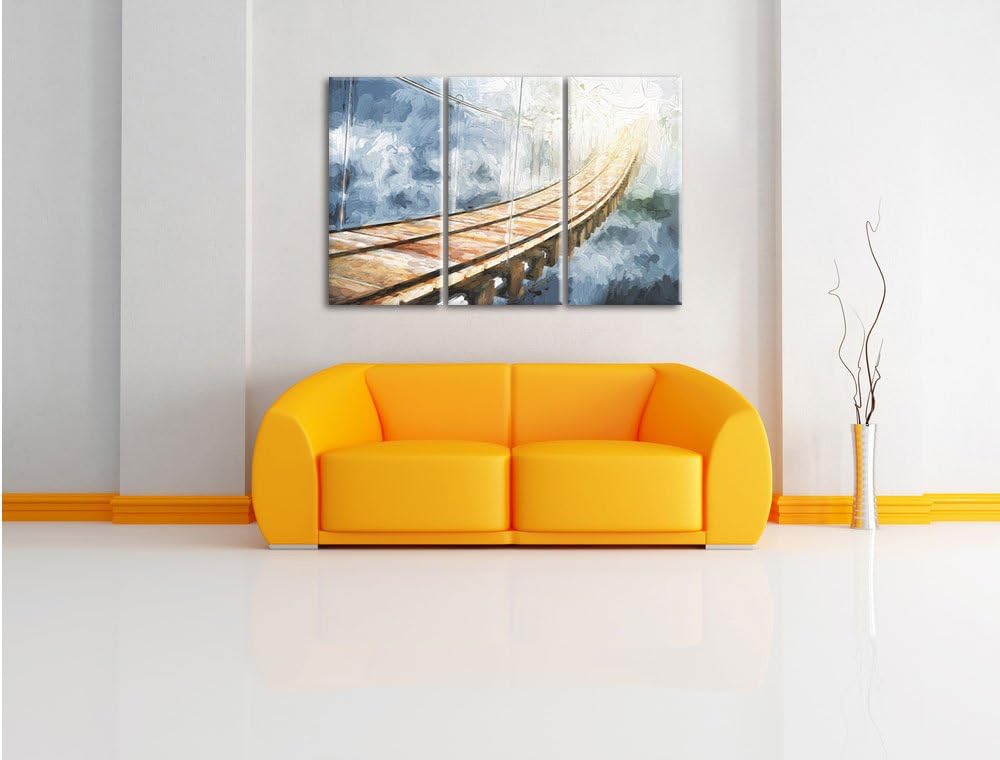 Pixxprint Hölzerne Brücke in den Wolken / 3-Teilig/Gesamtmass 120cm Leinwandbild bespannt auf Holzra