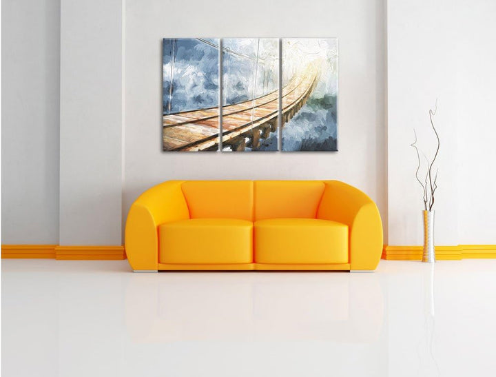 Pixxprint Hölzerne Brücke in den Wolken / 3-Teilig/Gesamtmass 120cm Leinwandbild bespannt auf Holzra