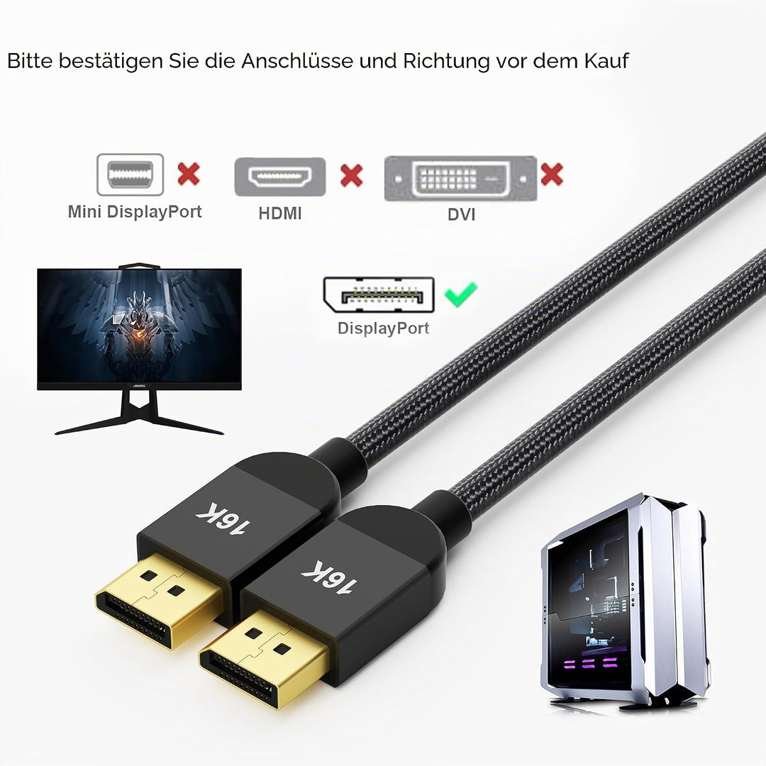 Displayport Kabel 2.1 3.0 m, 80Gbps 16K@60Hz, 8K@120Hz, 4K@240Hz 165Hz 144Hz, Unterstützt HDR DSC 1.