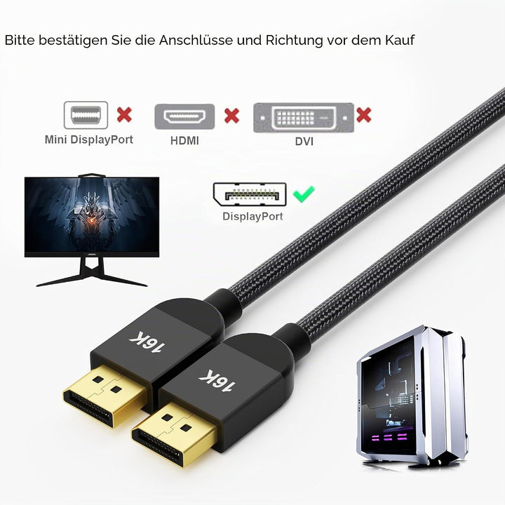 Displayport Kabel 2.1 3.0 m, 80Gbps 16K@60Hz, 8K@120Hz, 4K@240Hz 165Hz 144Hz, Unterstützt HDR DSC 1.