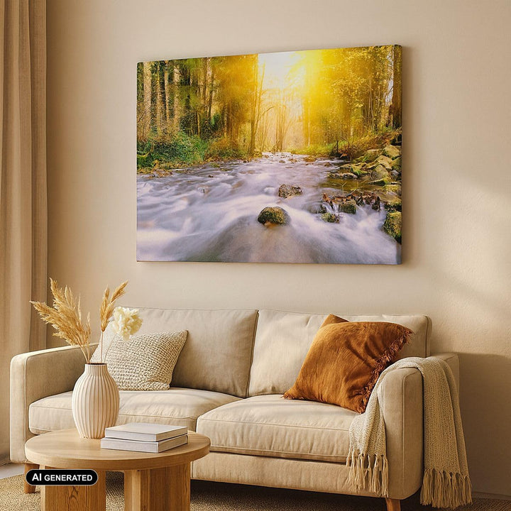 ARTTOR Bilder auf Leinwand 100x70cm Leinwandbild Herbst Wald Berg Fluss Gross Wanddeko Bild Schlafzi