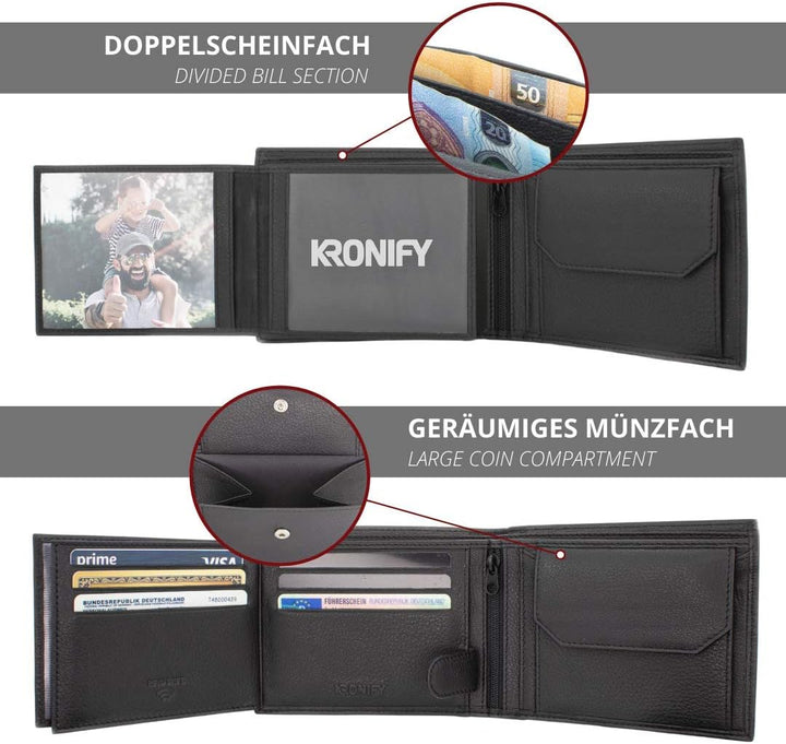 KRONIFY Atlas Herren Geldbeutel aus Leder mit RFID Schutz I Echtleder Portmonee mit Münzfach I Geldb
