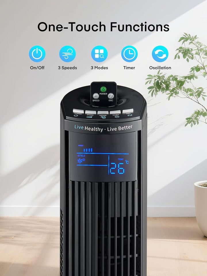 FOHERE Leiser Turmventilator, 91CM Oszillierender Stand Ventilator mit Kühlung Fernbedienung, 12-Stu