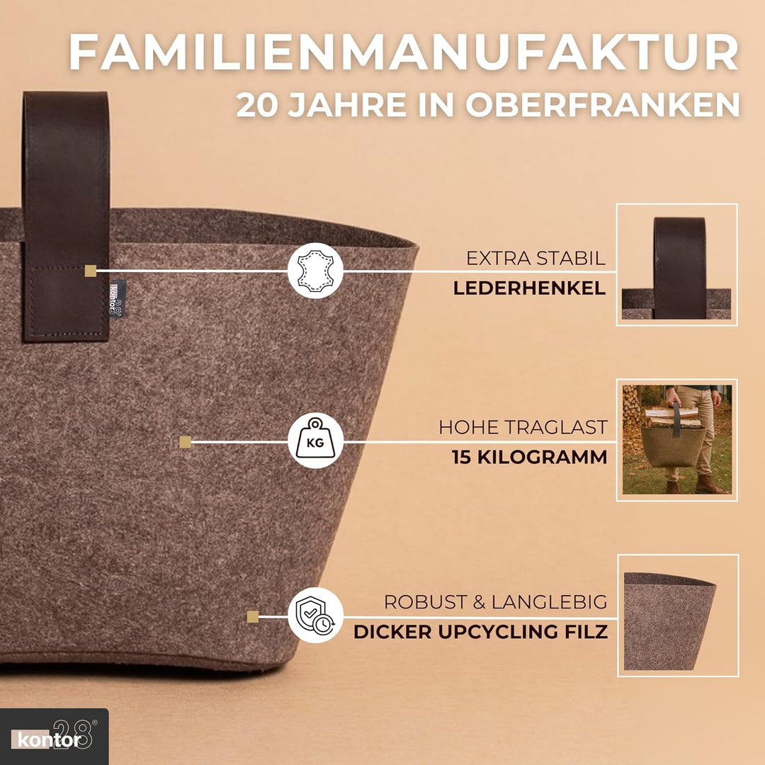 kontor28® - Kaminholzkorb aus Premium Filz 100% MADE IN GERMANY | Brennholzkorb Füllvolumen 40 L mit
