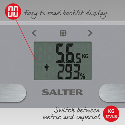 SALTER 9194 SV3R Körperanalysewaage aus Glas, digital personenwaage grossemLCD Display, max. 180 kg,