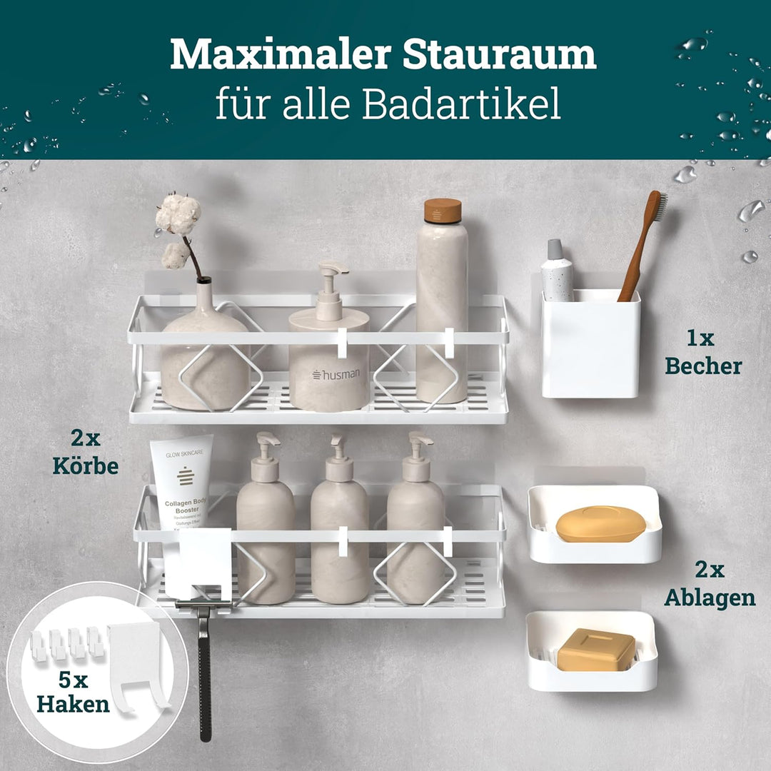 husman® Duschablage-Set ohne Bohren | Weiss | 10-teilig mit Ablaufrillen | Kleben statt Bohren | Dus