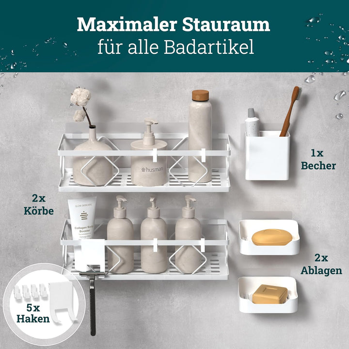 husman® Duschablage-Set ohne Bohren | Weiss | 10-teilig mit Ablaufrillen | Kleben statt Bohren | Dus