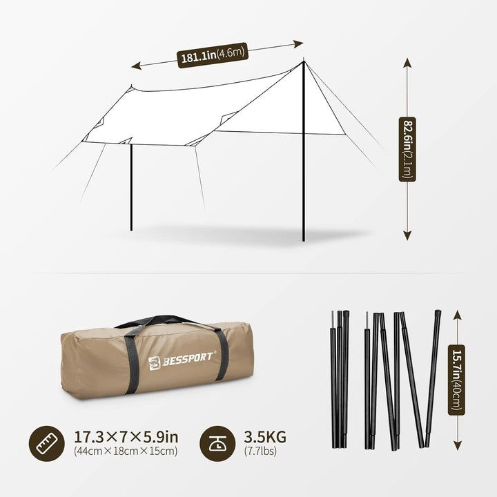 Bessport Tarp, Zeltplane Wasserdicht, 3x4.6m Mit Stützstange, Erdnägeln und Nylonschnur, Ultraleicht