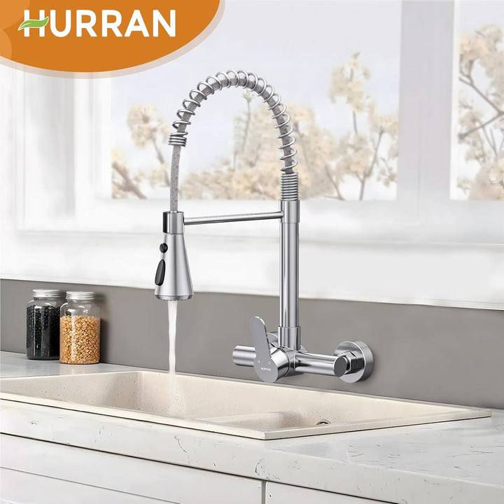 HURRAN Wasserhahn Wandmontage, Küchenarmatur mit 3 Auslaufarten, 360° Schwenkbarer Wasserhahn Küche