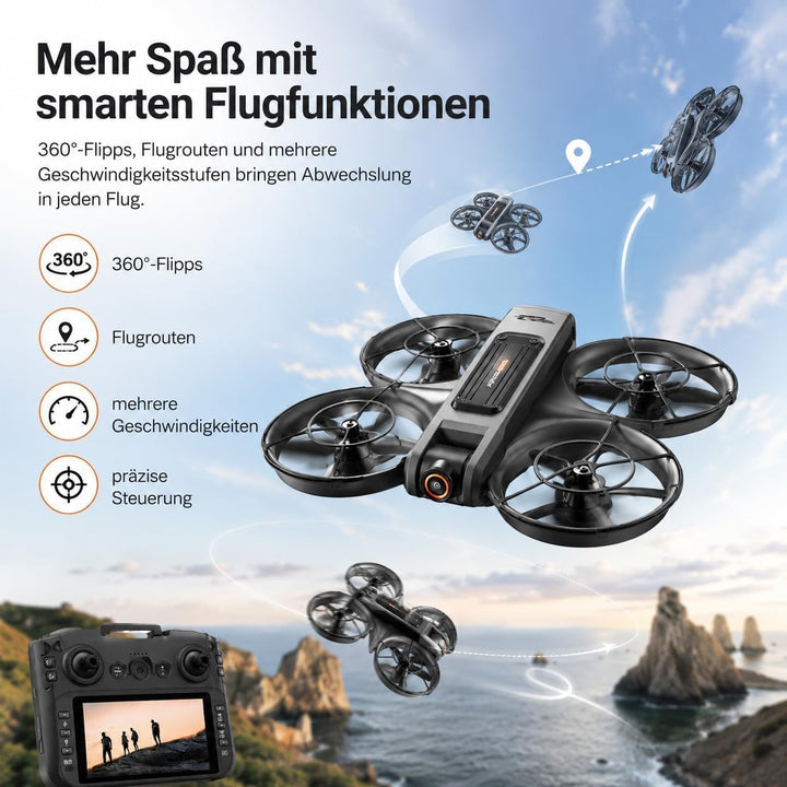 RC Drohne mit HD Dual Kamera, Display Fernbedienung, Brushless Motor, 90° Kamera, FPV Livebild, Opti