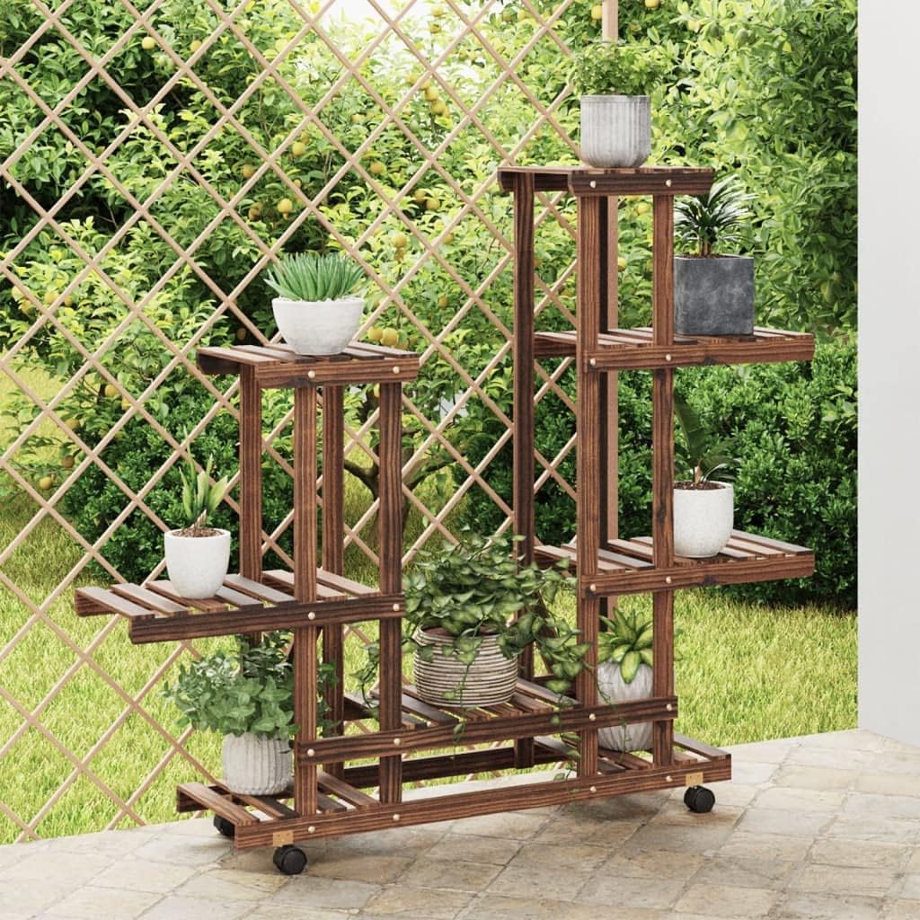 vidaXL Blumenständer, Holz Pflanzenregal mit Rollen, Blumenregal für Wohnzimmer Balkon Terrasse, Pfl