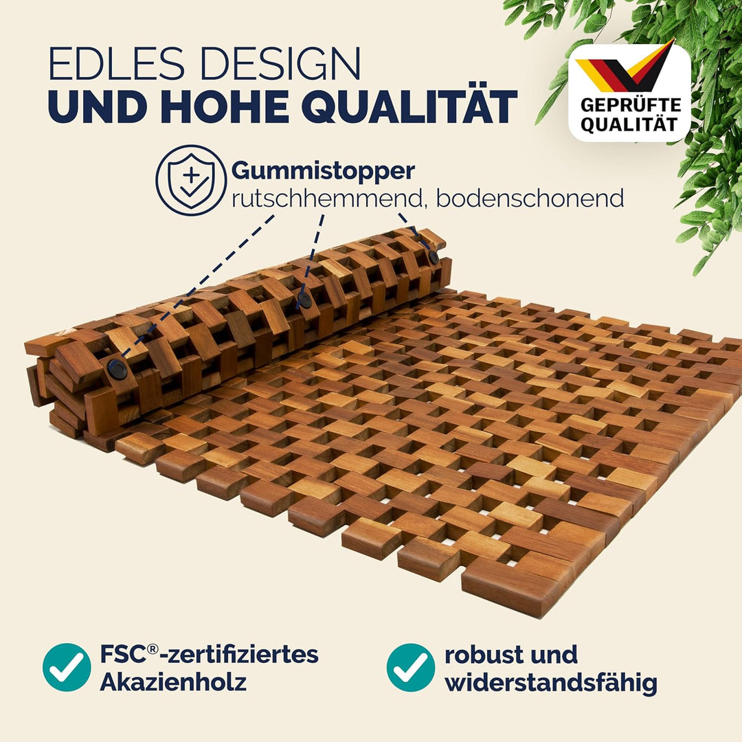 DEUBA® Badvorleger Badematte Holz 80 x 50 cm FSC-zertifiziertes Akazienholz Rutschhemmende Gummistop