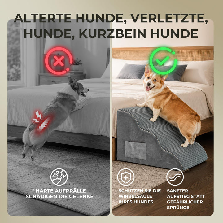 BEST JAJA Hundetreppe 3 Stufen mit Kanteneinfassung – formstabil und rutschfest, 40 cm hoch für Bett