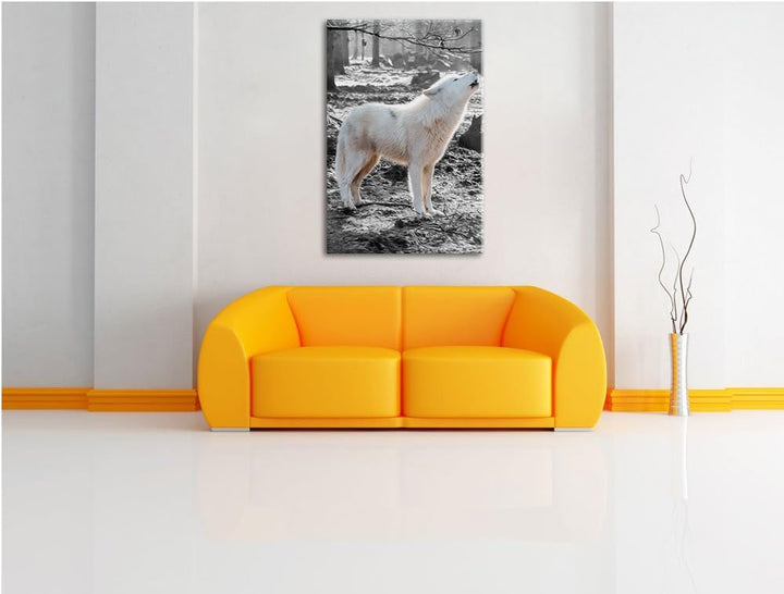 weisser jaulender Wolf im Wald schwarz/weiss Format: 100x70 auf Leinwand, XXL riesige Bilder fertig