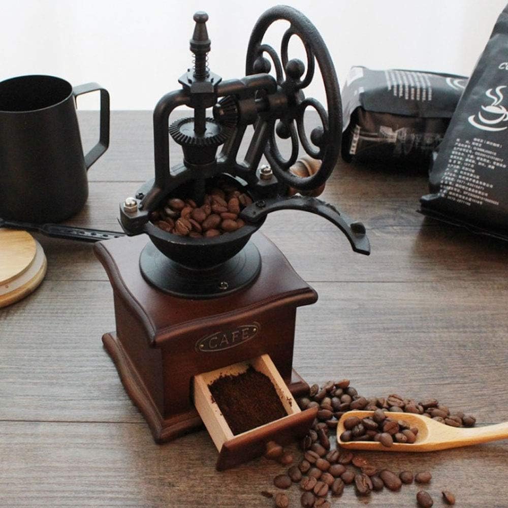 Manuelle Kaffeemühle Antike Gusseisen Handkurbel Kaffeemühle mit Schleifen ，Einstellungen & Catch Sc