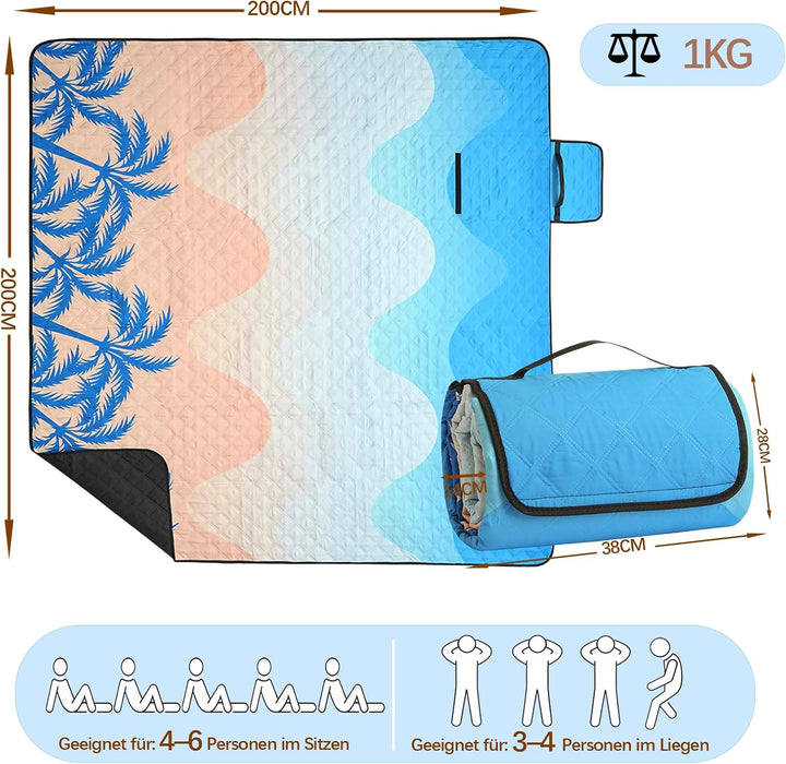Picknickdecke 200x200 cm - Stranddecke XXL, wasserdicht & isoliert Campingdecke, atmungsaktiv und we