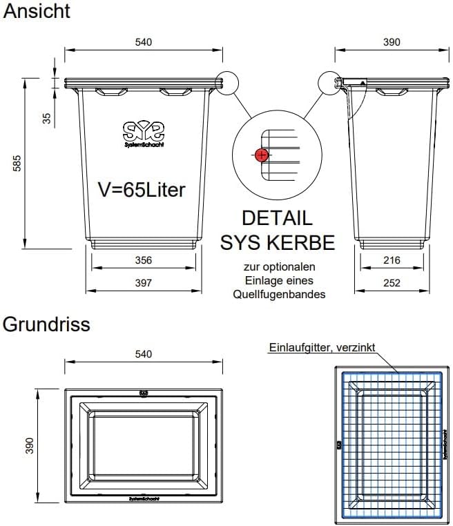 Bodenablauf Garagenschacht 65 Liter mit SYS-Kerbe für Quellfügenband, bauseitig, Sammelt das in der