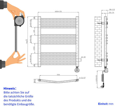 EMKE Badheizkörper Elektrisch Handtuchwärmer mit Thermostat Gebogen 75x60cm 300 Watt Anthrazit Handt