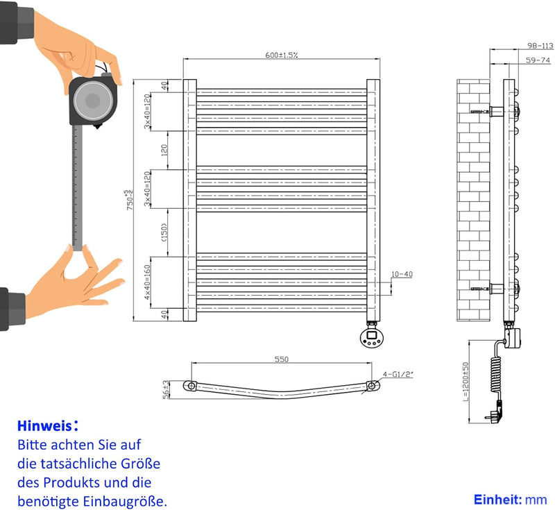 EMKE Badheizkörper Elektrisch Handtuchwärmer mit Thermostat Gebogen 75x60cm 300 Watt Anthrazit Handt