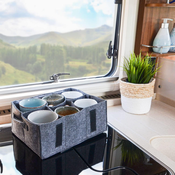 DuneDesign Filz Tassenhalter Camping - 28x21 Glashalter Wohnmobil - Glasträger für Trinkgläser - Wei