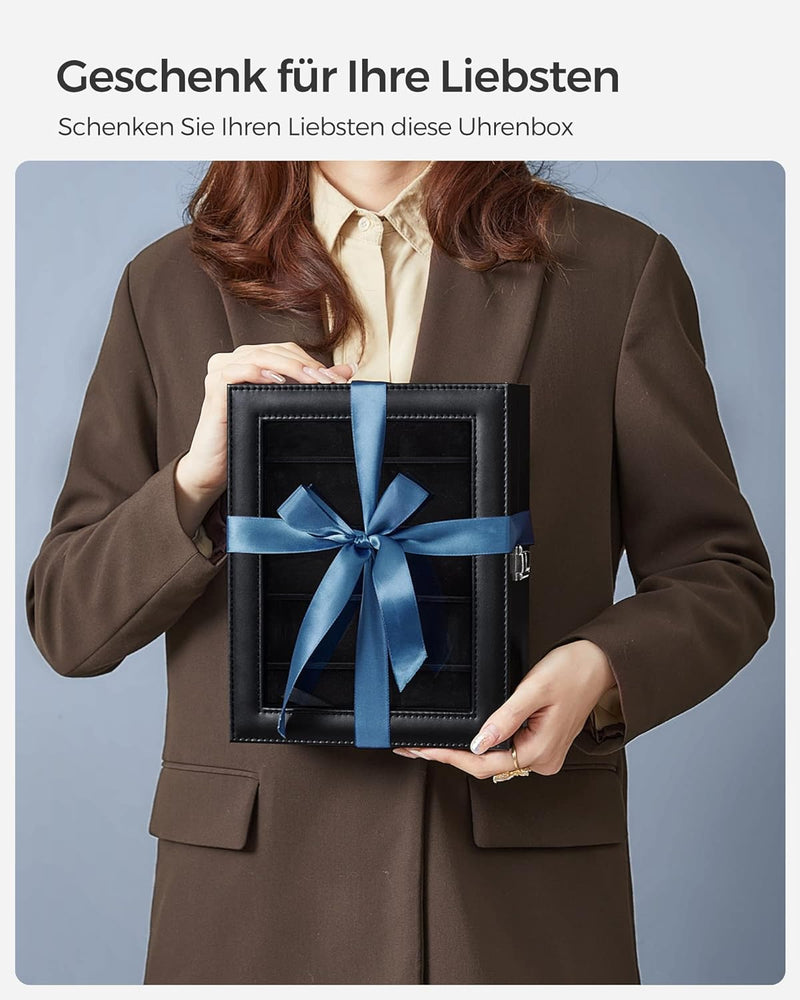 SONGMICS Uhrenbox mit 10 Fächern, Uhrenkasten, Glasdeckel, Uhrenkoffer, herausnehmbare Uhrenkissen,