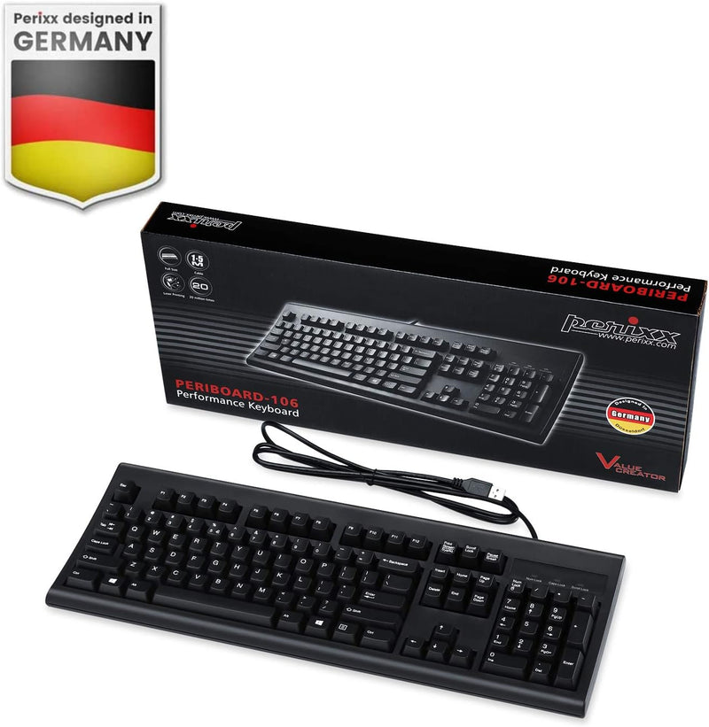 Perixx PERIBOARD-106 USB-Tastatur - Hohe Leistung - Hohe Tasten - Full-Size mit Ziffernblock - Schwa