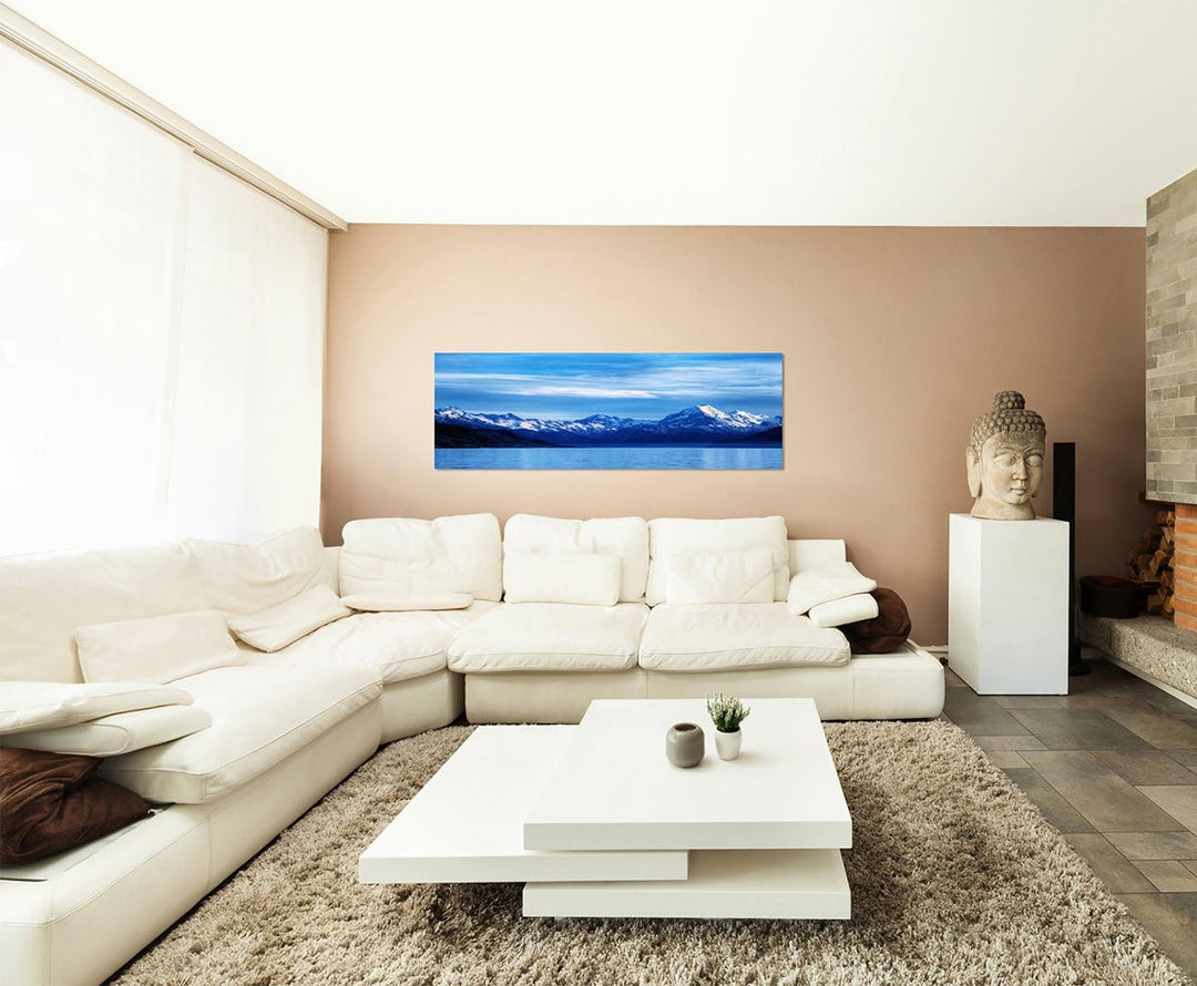 Paul Sinus Art Panoramabild auf Leinwand und Keilrahmen 150x50cm Berge Schnee Wasser Wolkenschleier