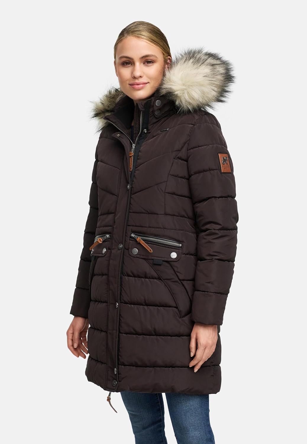 Navahoo Damen Wintermantel warmer Steppmantel lang mit abnehmbarer Kunstfell-Kapuze Paula XS-5XL S C