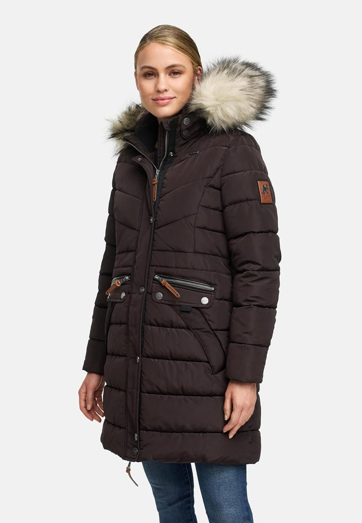 Navahoo Damen Wintermantel warmer Steppmantel lang mit abnehmbarer Kunstfell-Kapuze Paula XS-5XL S C