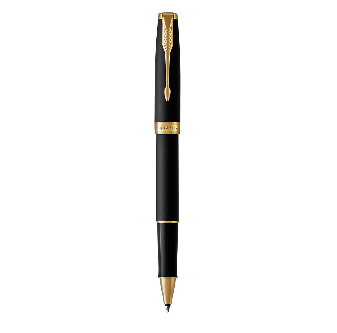 Parker Sonnet Tintenroller | Matt-Schwarze Lackierung mit Goldzierteilen | feine Spitze | Schwarze T