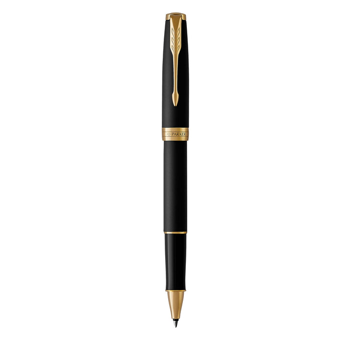 Parker Sonnet Tintenroller | Matt-Schwarze Lackierung mit Goldzierteilen | feine Spitze | Schwarze T