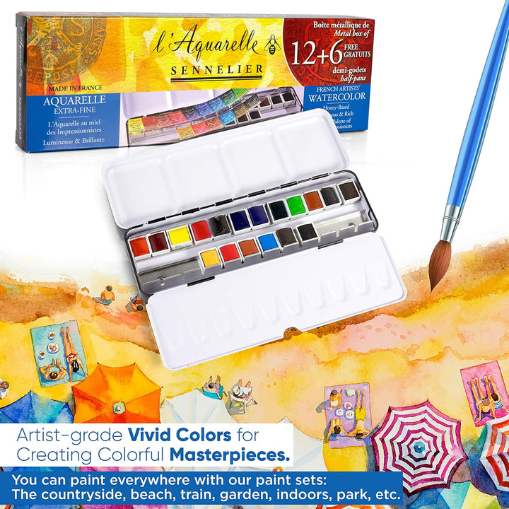 Sennelier Extra-fine Aquarellmetallkasten mit 12 1/2 Näpfchen + 6 gratis