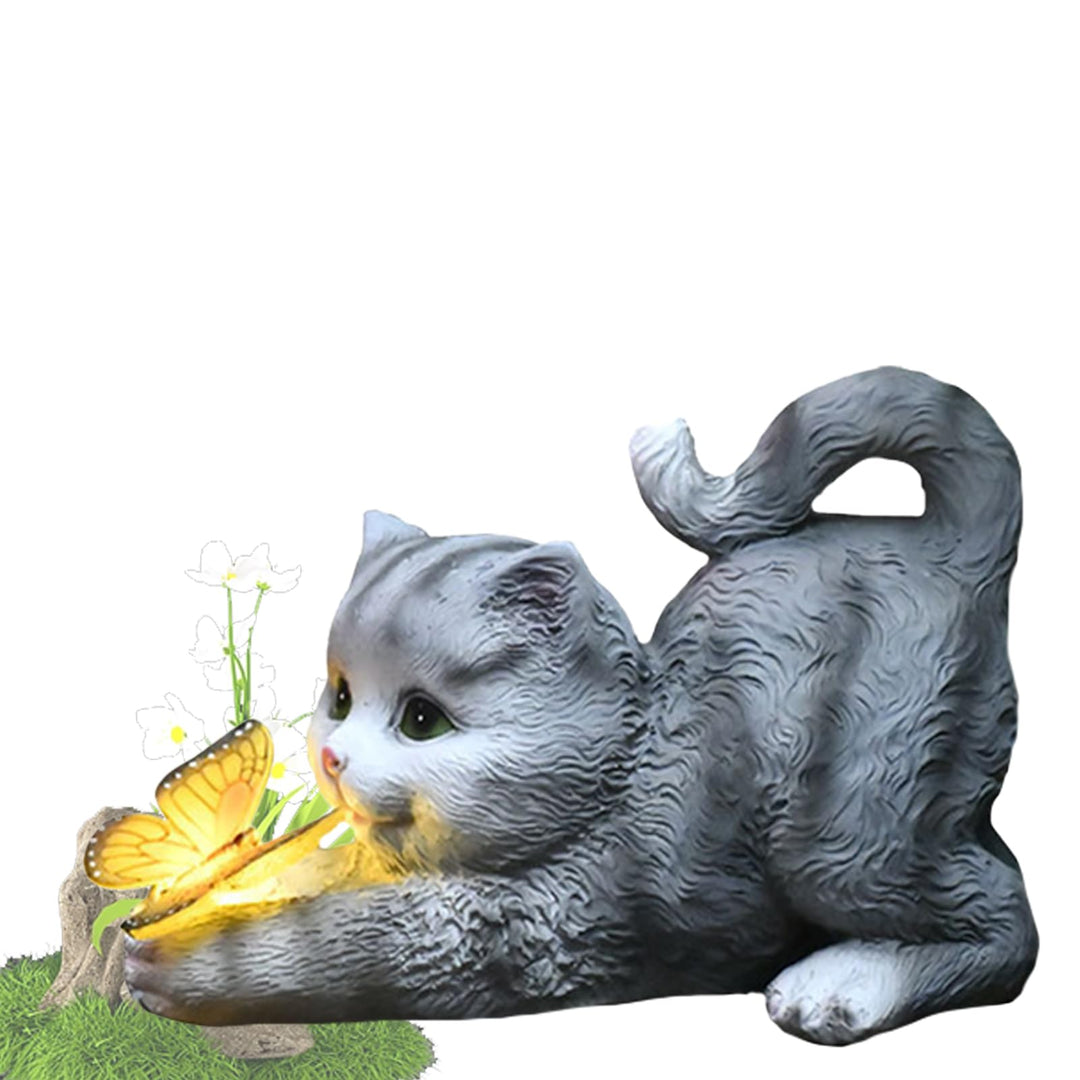 Katzen Deko Gartenfiguren mit Schmetterlinge LED Solarlampen, Wetterfest Solar-Katzenstatue für Drau